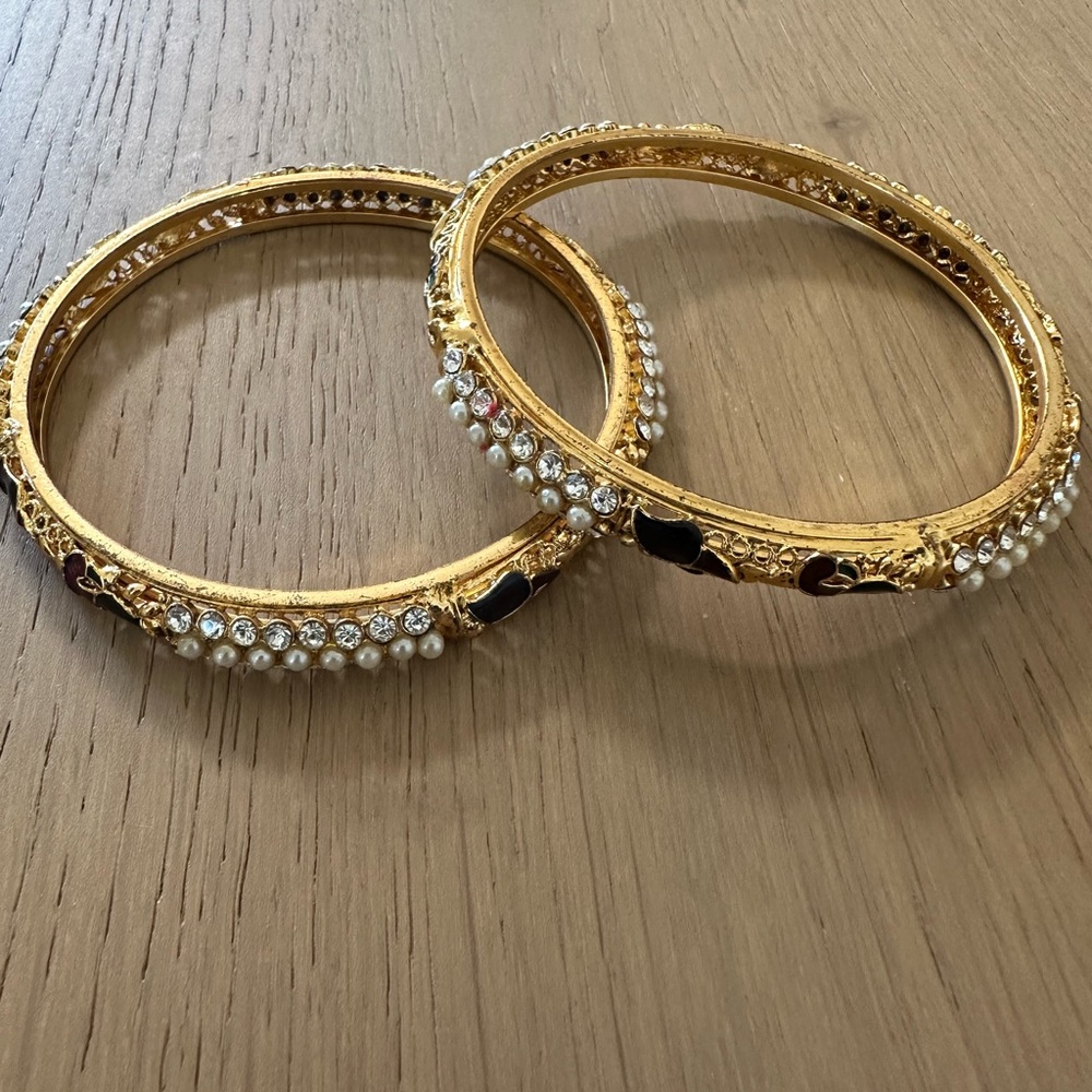 Two Beautiful Gold Tone Bangle Bracelets With Crystals & Pearls